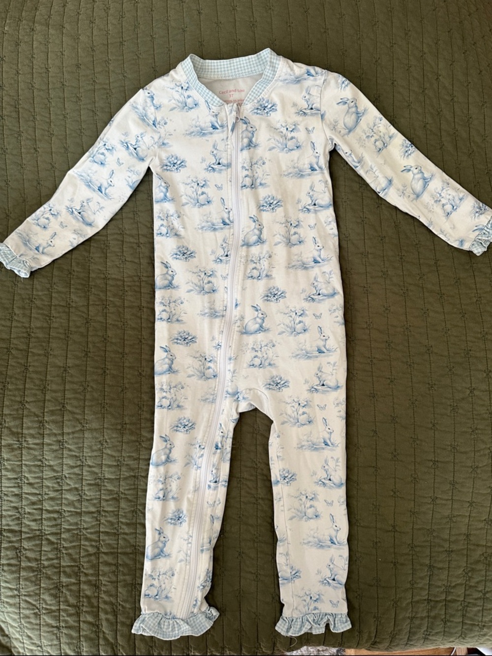 Blue Bunny-Print Ribbed Footie One-Piece with Ruffle Cuffs